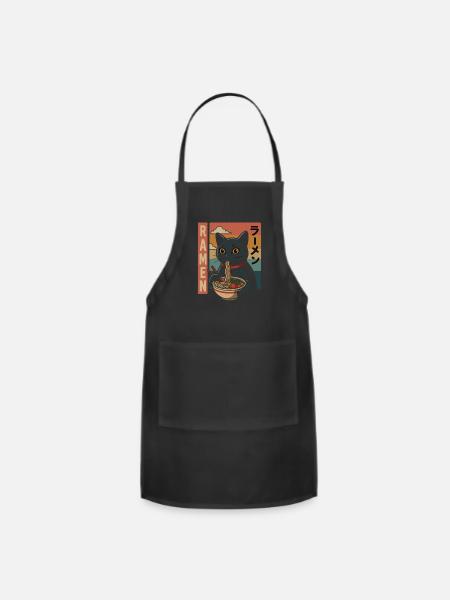Ramen Cat Retro Japanese Style - Adjustable Apron - black