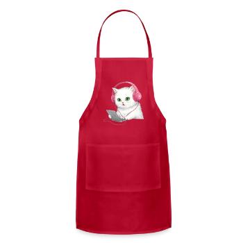 Cute Cat with Headphones and Laptop - Adjustable Apron - red - Front - Julia (174cm)