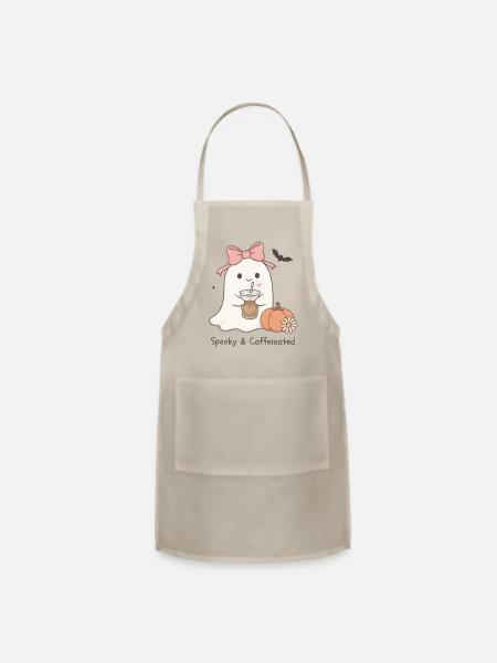 Spooky & Caffeinated – Cute Pink Bow Ghost Coffee  - Adjustable Apron - natural - Front