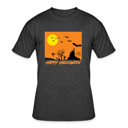 Moonlit Haunted House Ghost Bat Cobweb Gravestone. - Men's 50/50 T-Shirt