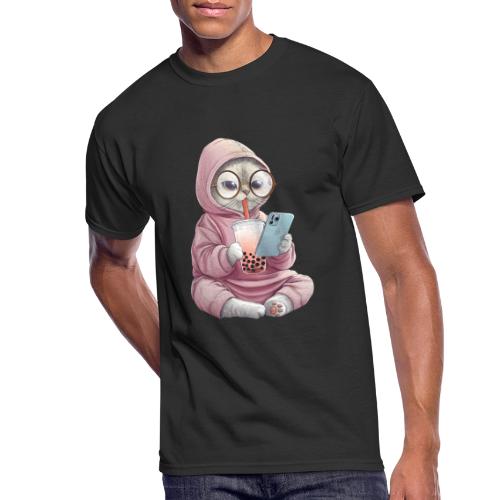 Cool Cat Bubble Tea Cartoon Design - Men's 50/50 T-Shirt
