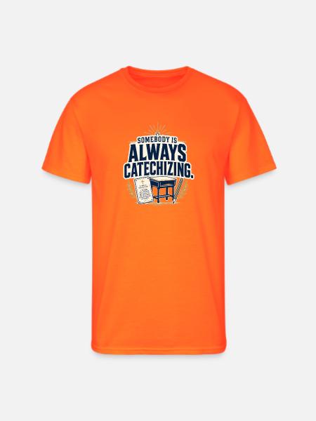 Somebody Is Always Catechizing Homeschool - Men's 50/50 T-Shirt - neon orange