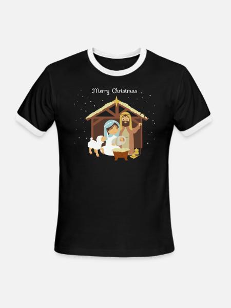 Merry Christmas Nativity Scene Christian Faith Hol - Men's Ringer T-Shirt - black/white