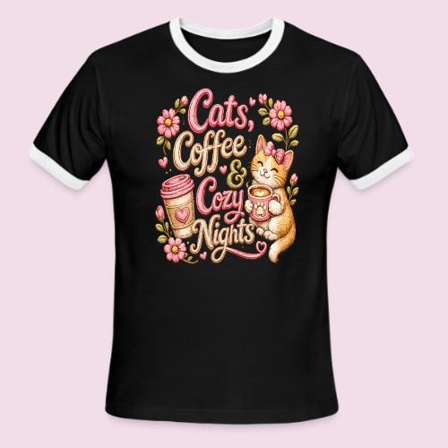 Cats, Coffee & Cozy Nights Faux Stitched Design - Men's Ringer T-Shirt