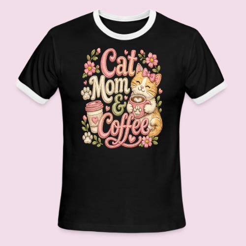 Cat Mom & Coffee Faux Stitched Cat Lover Design - Men's Ringer T-Shirt