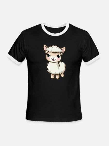 Adorable alpaga duveteux avec de grands yeux - T-shirt à bandes contrastées pour hommes   - noir/blanc