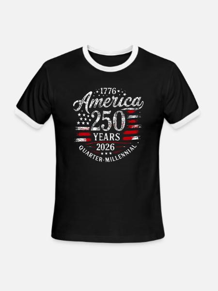 America 250 Years 2026 T-Shirt USA Flag Gift Tee - Men's Ringer T-Shirt - black/white
