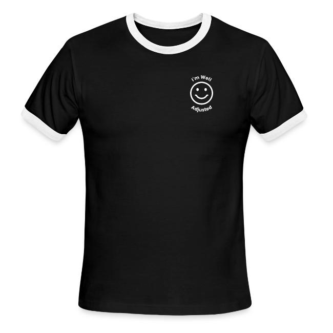 Flat product shot of the black and white Men's Ringer T-Shirt with small chest logo