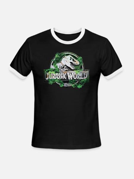 Jurassic World logo with T-Rex and trees - Men's Ringer T-Shirt - black/white