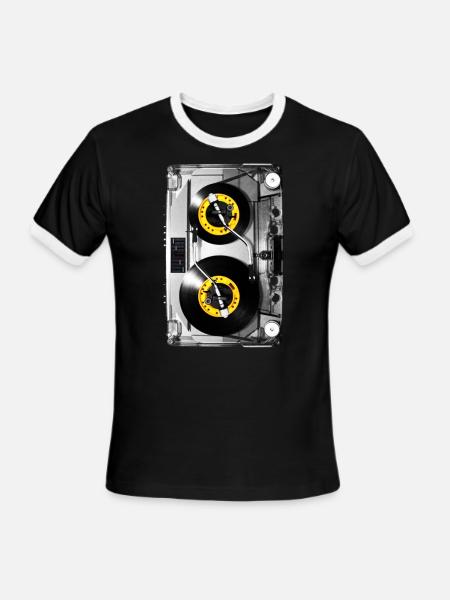 Cassette Tape Vinyl Record DJ Turntable - Men's Ringer T-Shirt - black/white