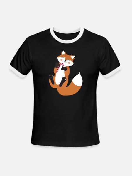 Playful fox with candy cane for Christmas - Men's Ringer T-Shirt - black/white