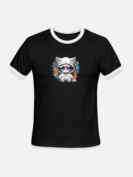 cute cat enjoying music - Men's Ringer T-Shirt - black/white