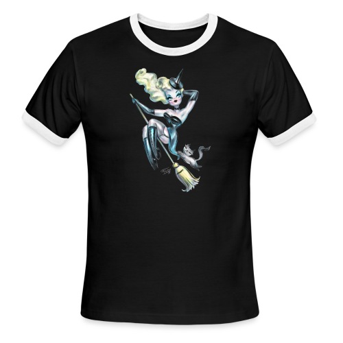Pinup Retro Witch with Kitty - Men's Ringer T-Shirt