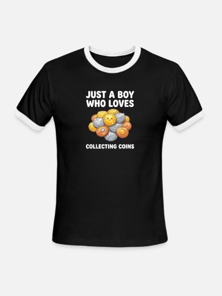 Coin-Loving Boy Collecting Coins - Men's Ringer T-Shirt - black/white