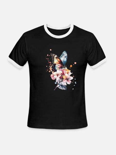 Butterfly Cherry Blossoms - Men's Ringer T-Shirt - black/white