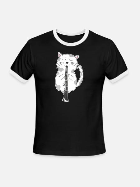 Cat Playing Oboe I Musician I Music Instrument I - Men's Ringer T-Shirt - black/white