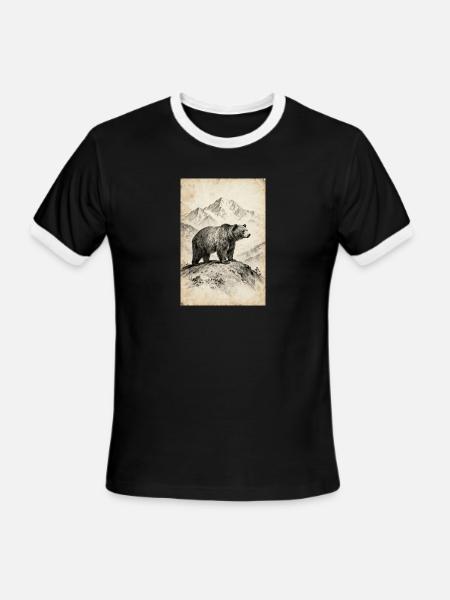 Bear on Alpine Ridge Sketch - Men's Ringer T-Shirt - black/white