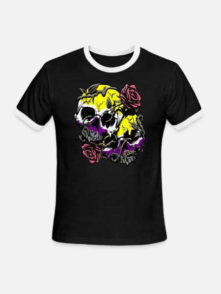 Non Binary Pride Flag Skull Roses Subtle LGBTQ - Men's Ringer T-Shirt - black/white