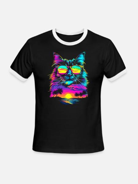 Birman Cat Sunglasses Beach Sunset Pop Art - Men's Ringer T-Shirt - black/white