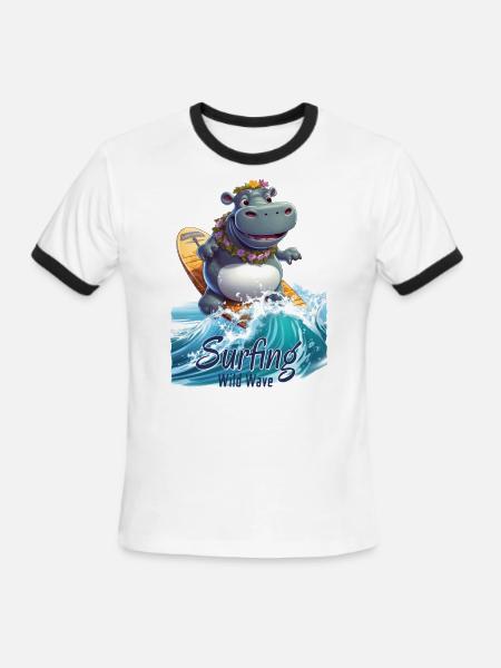 Cool Hippo with a Surfboard - Surfer - Men's Ringer T-Shirt - white/black