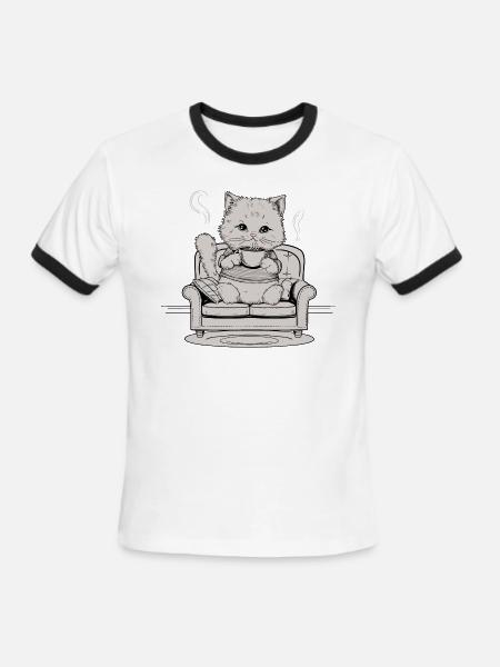 Coffee Cat In Comfy Chair - Men's Ringer T-Shirt - white/black