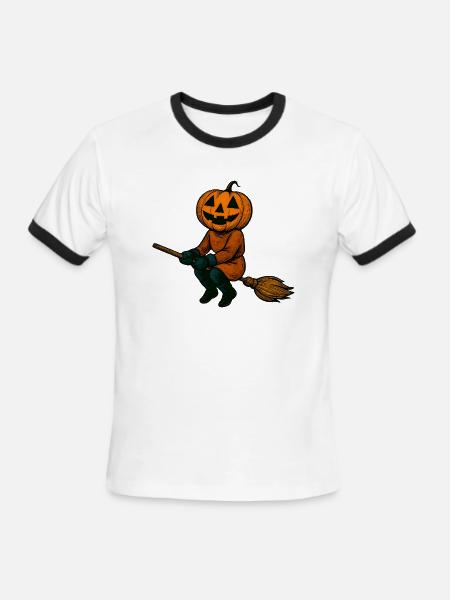 Pumpkinhead Witch on Broom - Men's Ringer T-Shirt - white/black