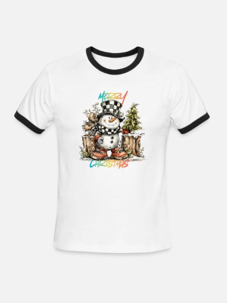 Checkerboard Snowman Christmas Tee - Men's Ringer T-Shirt - white/black