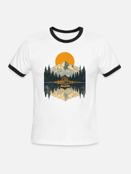 Mountain Cabin Sunset Vintage Outdoor Adventure - Men's Ringer T-Shirt - white/black