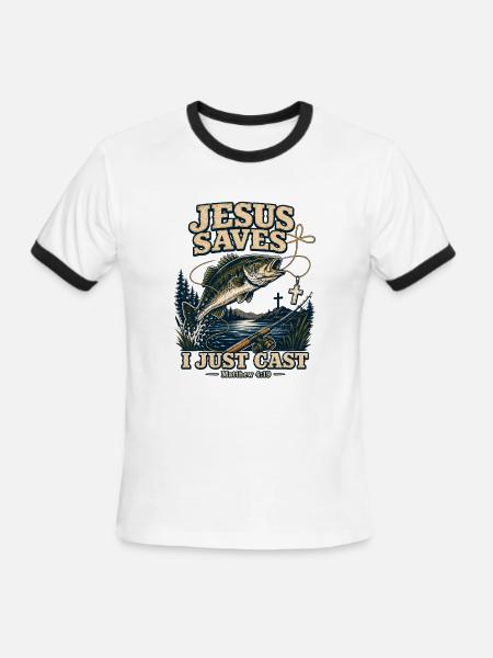 Jesus Saves I Just Cast Christian Fishing - Men's Ringer T-Shirt - white/black