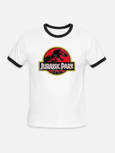 Jurassic Park Classic Logo In Red With T-Rex - Men's Ringer T-Shirt - white/black