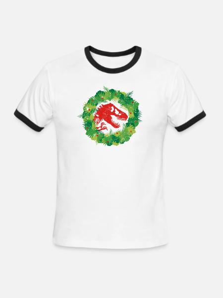Jurassic World Christmas Design T-Rex With Wreath - Men's Ringer T-Shirt - white/black