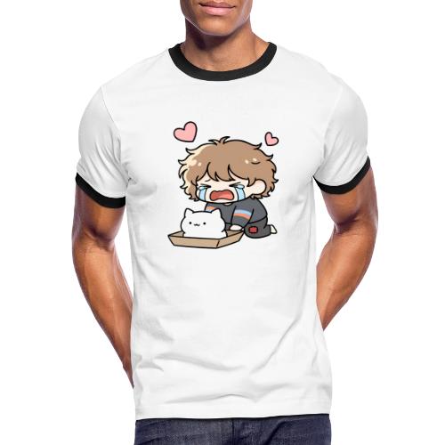 Crying Chibi Boy with Stray Cat - Men's Ringer T-Shirt