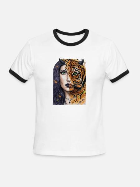 Tiger Goddess Duality - Men's Ringer T-Shirt - white/black