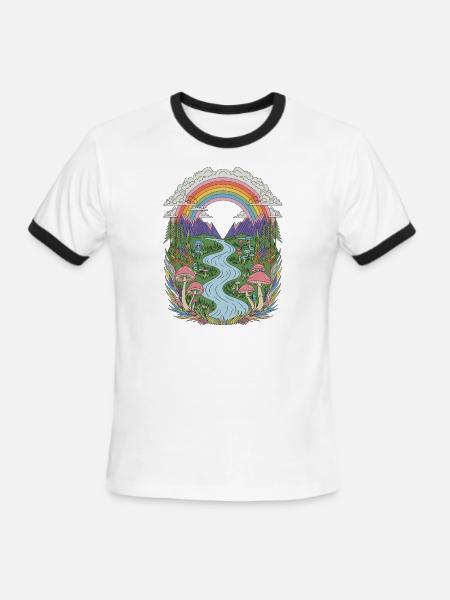 Mountain Stream With Rainbow, Clouds and Mushrooms - Men's Ringer T-Shirt - white/black