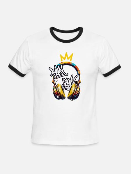 Crowned Graffiti Headphones: Urban Beats King Stre - Men's Ringer T-Shirt - white/black