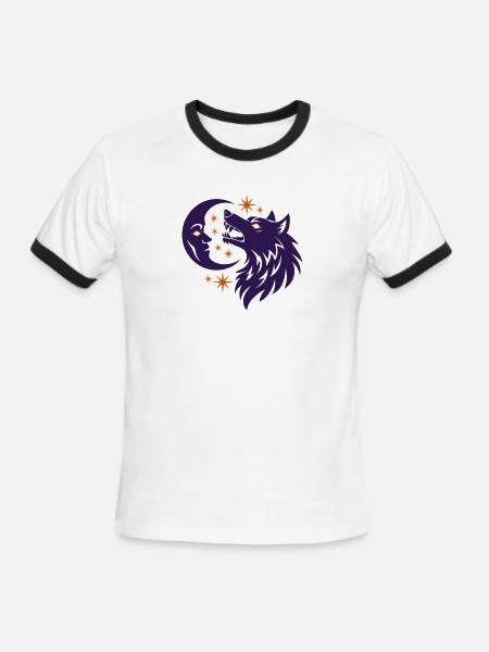 Moon Face Wolf Stars Vector 3 Colors - Men's Ringer T-Shirt - white/black