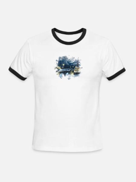 Moonlit Winter Village Scene - Men's Ringer T-Shirt - white/black