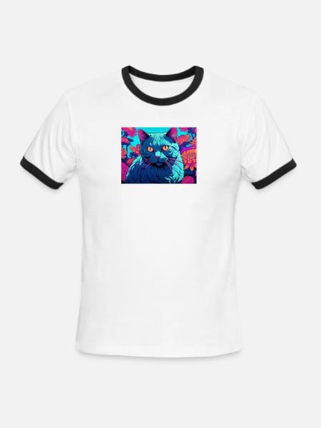 Vivid Neon Cat in Bloom - Men's Ringer T-Shirt - white/black