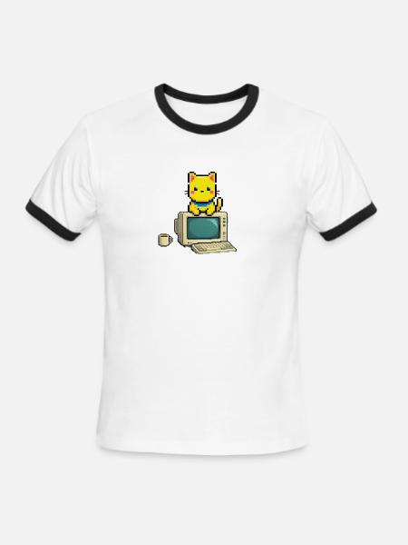 Pixel Cat on Retro Computer - Men's Ringer T-Shirt - white/black
