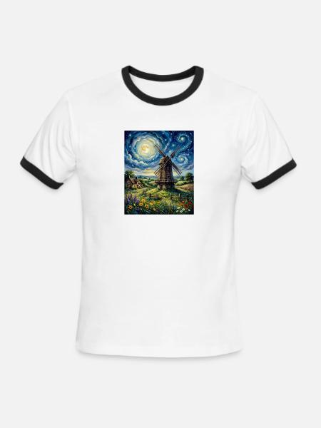 Moonlit Windmill in Bloom - Men's Ringer T-Shirt - white/black