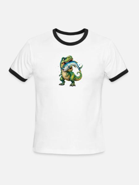 Cretaceous Catch: Dino with Fish - Men's Ringer T-Shirt - white/black