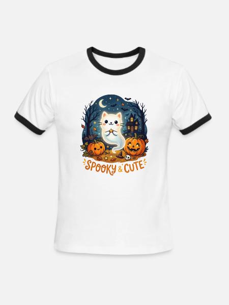 Spooky Cute Ghost Cat Halloween - Men's Ringer T-Shirt - white/black