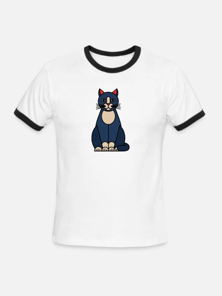 Blue Cat Illustration with Cream Belly - Men's Ringer T-Shirt - white/black