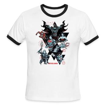 Collage de personnages de la Ligue de justice - T-shirt à bandes contrastées pour hommes   - blanc/noir - Devant - Jackson (183cm)