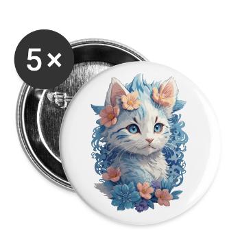 Cute Cat Watercolor Painting with Floral Splash - Buttons large 2.2'' (5-pack) - white