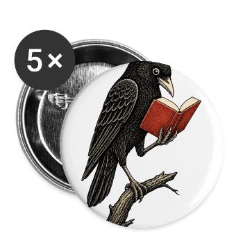 Crow Reading Open Book Vintage Linocut Art - Buttons large 2.2'' (5-pack) - white