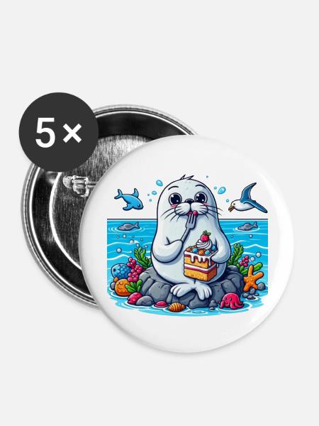 Seals eating cake - Buttons large 2.2'' (5-pack) - white