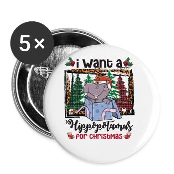 Hippopotamus Santa Pine Trees Buffalo Plaid - Buttons large 2.2'' (5-pack) - white