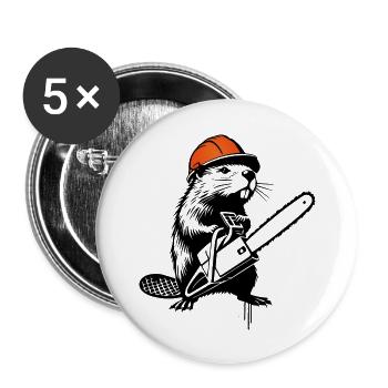 Beaver with chainsaw - humorous stencil design - Buttons large 2.2'' (5-pack) - white