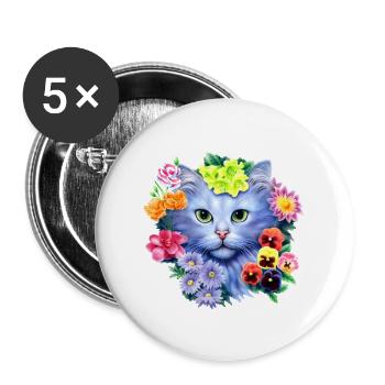 Cat Face With Flowers T-Shirt - Cute Cat - Buttons large 2.2'' (5-pack) - white